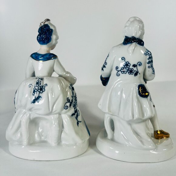 Vtg Ardco Porcelain Figurines Victorian Man Lady Violin Fan Blue White Gilded - Picture 3 of 9